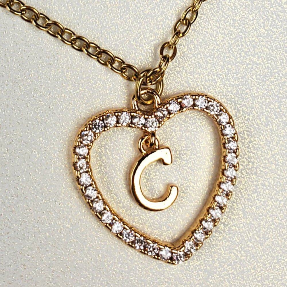 Initials C Heart Pendant Necklace For Women /Zircon Gemstones/ Love Necklaces
